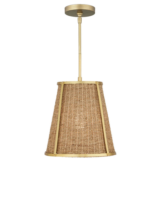 Pendant light with woven shade and gold fixture on a white background