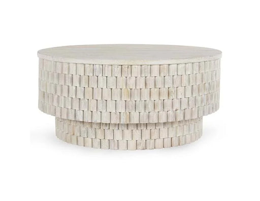 Rustic light round wood coffee table with wood block detail.