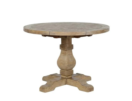 Round brown accent table with oblong stand and X base.