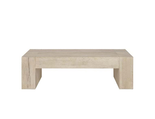 Low sand-colored rustic rectangular coffee table.