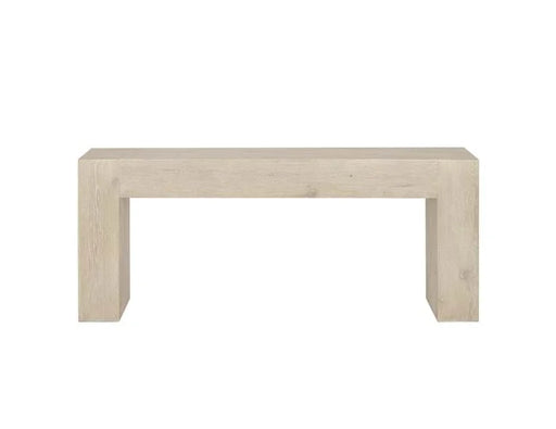 Front view of slim cream rectangular side table.