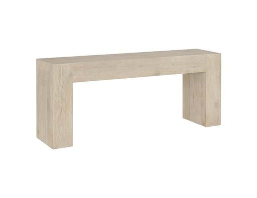 Angled view of slim cream rectangular table.