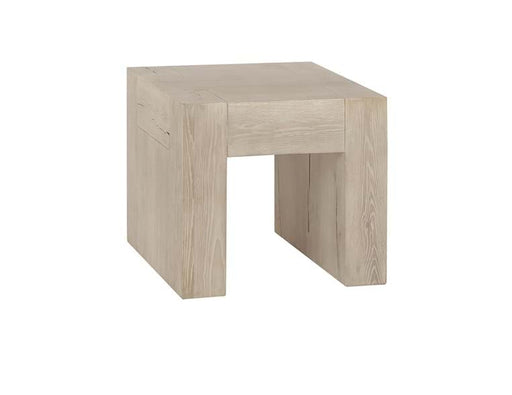 Angled cream-colored wood square side table.