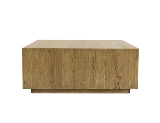 Square light brown coffee table.