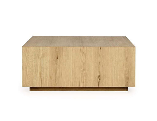 Front of rectangular light brown coffee table.