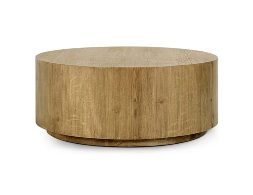 Round medium brown wood coffee table.