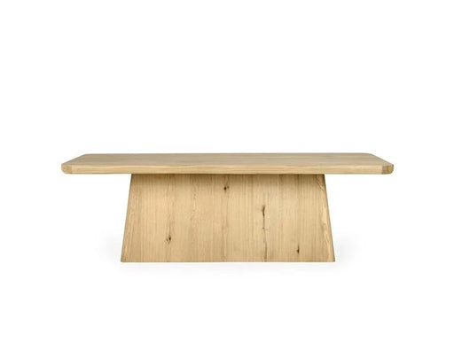 Front of wide base light brown wood coffee table.