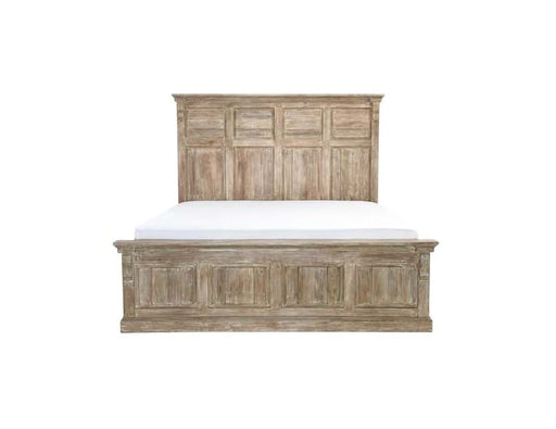 Dirty brown bed frame with tall headboard and mattress.