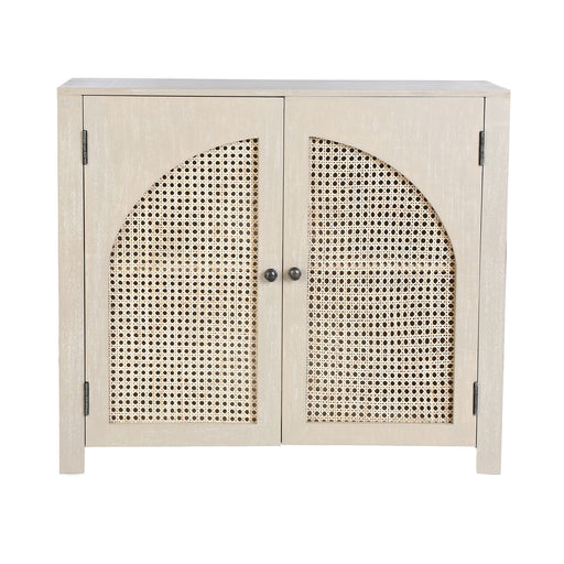 Small two door light brown cabinet with mesh front.