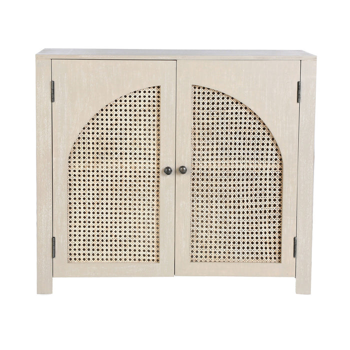 Small two door light brown cabinet with mesh front.