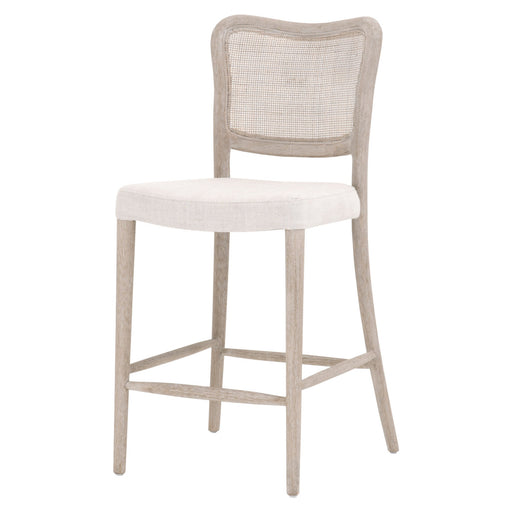 Gray bisque counter stool with white cushion.