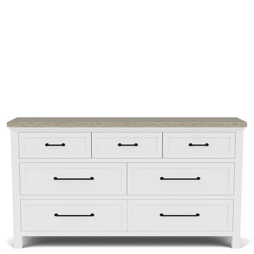 Front of white seven drawer dresser with marble top.