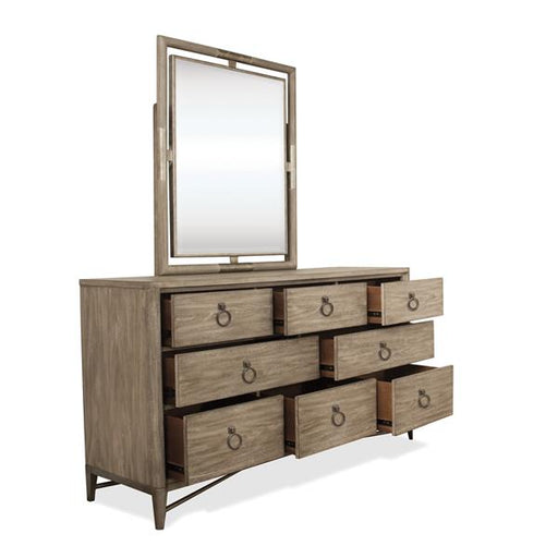 Angled view of gray-brown eight drawer dresser with mirror.