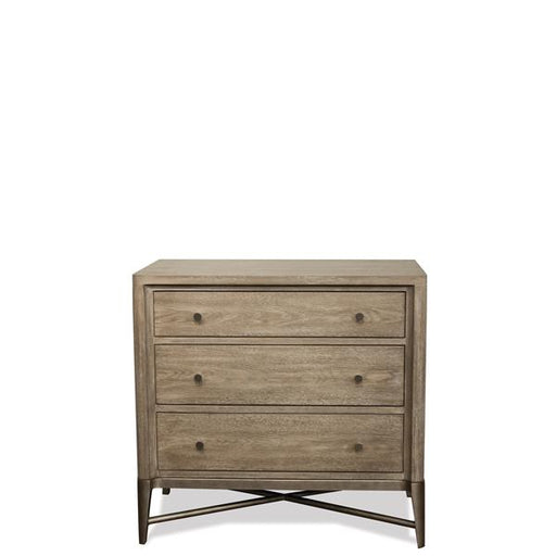 Front view of brown side table with three drawers.