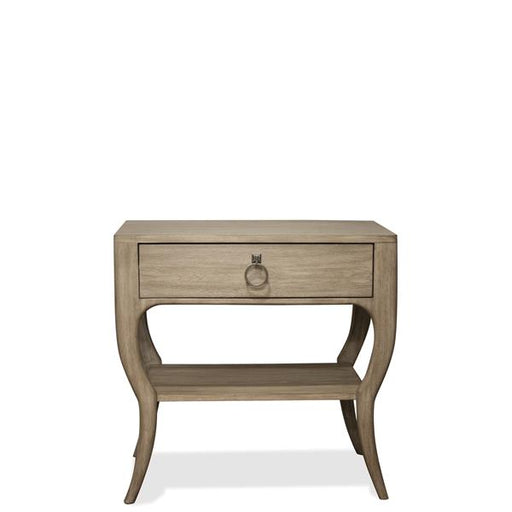 Tiny light brown nightstand with drawer.