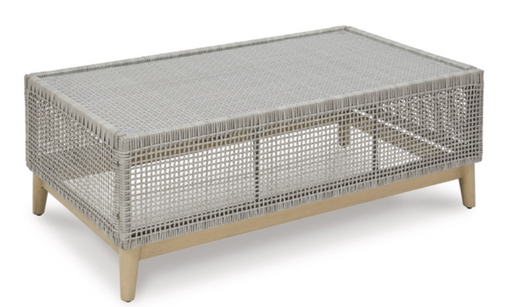 Gray rectangular woven table with wood legs.