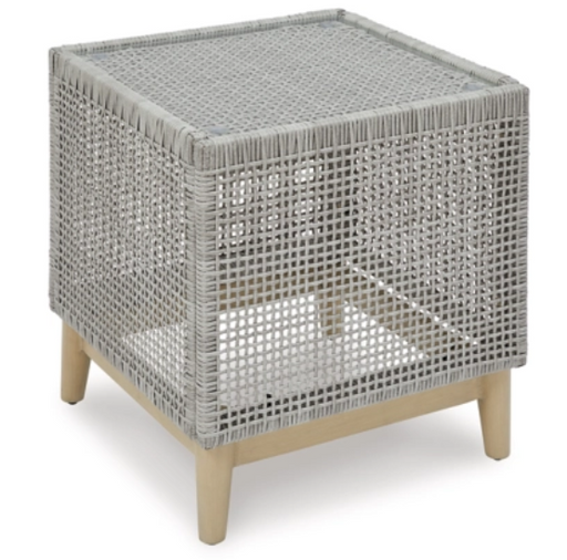 Gray wicker box stool.