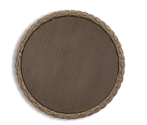 Large overhead view of round wooden tabletop.