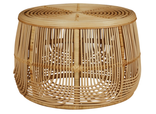 Rounded brown wicker end table.