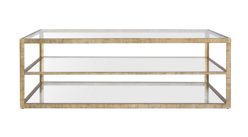 Glass top rectangular coffee table with two shelves.