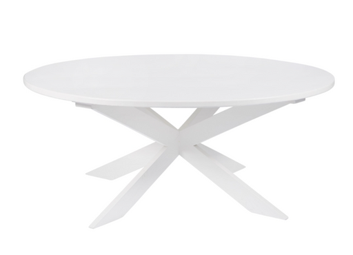 Round white dining table with double X legs.
