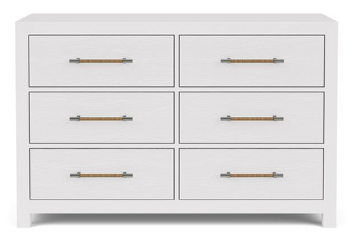 Front of white six drawer dresser with gold pulls.