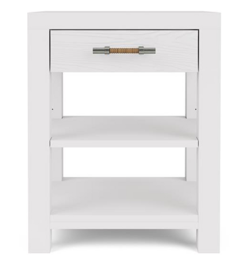 White side table with drawer and two shelves.