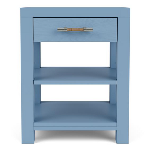 Small blue nightstand with shelves and a drawer.