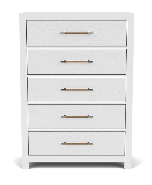 Front of tall, white five drawer dresser with brown pulls.