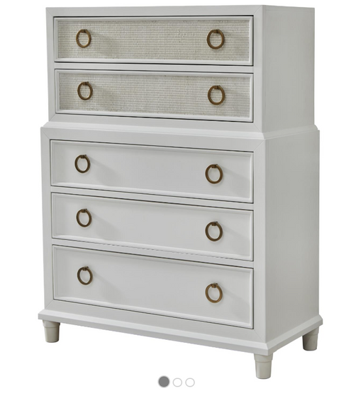 Tall white five drawer dresser with gold circular pulls.