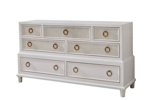 White horizontal 7-drawer dresser with gold pulls.