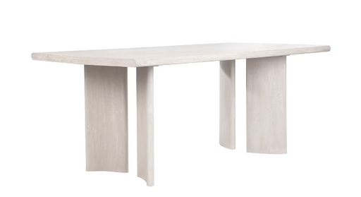 Dirty white rectangular coffee table with wide arched legs.