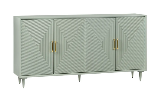 Sage green four door storage cabinet with gold pulls.