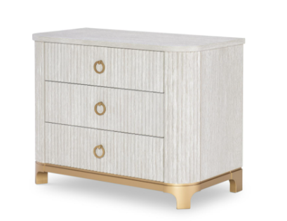 Cream and gold side table with two drawers.