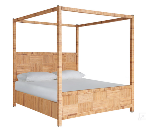 Diagonal light brown canopy bed with mattress and pillows.