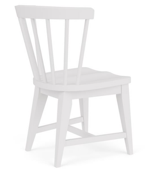Angled view of white dining chair with vertical back slats.
