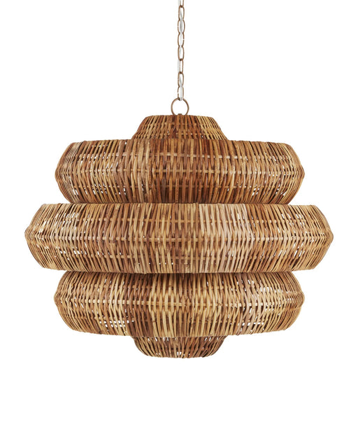 Woven rattan pendant light on a white background