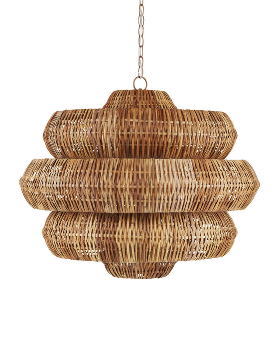 Woven rattan pendant light on a white background