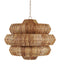 Woven rattan pendant light on a white background