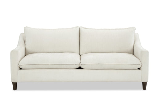 Front view of white two cushion sofa with brown legs.