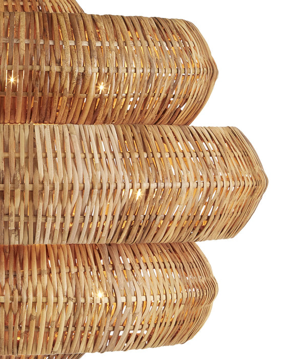 Close-up of a wicker basket with a warm glow from embedded lights on a white background
