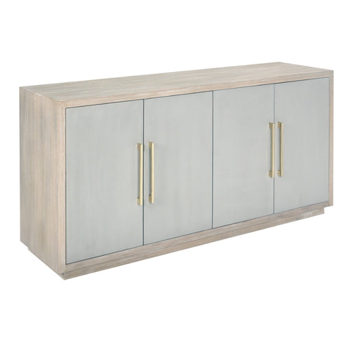 Sand and cream-colored four door storage container with gold pulls.