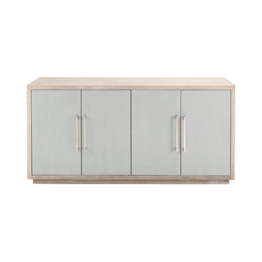 Sand and cream colored four door storage cabinet.