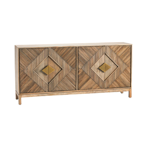 Brown four door storage cabinet with diagonal details and triangle pulls.