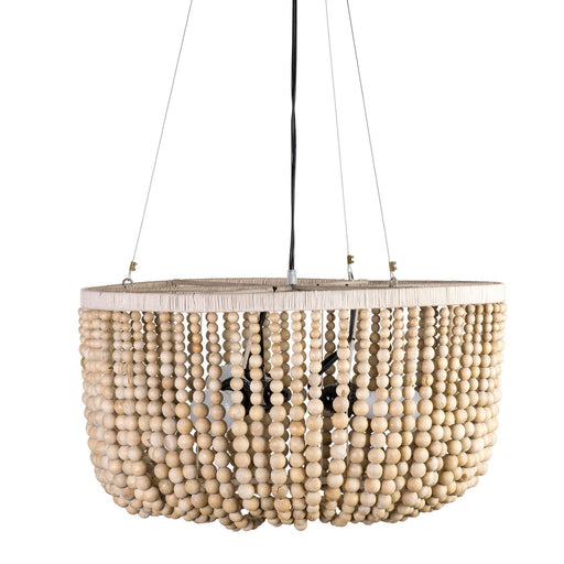 Close up of hanging brown beaded pendant light.