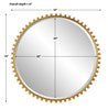 Gold round mirror with measurements on it.