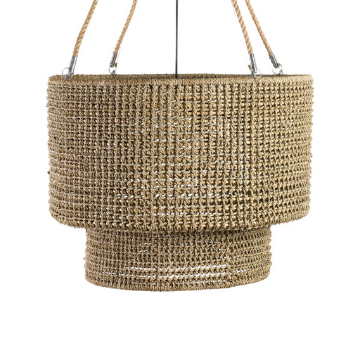 Close up of light brown woven hanging pendant light.