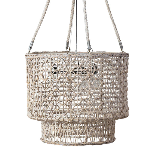 Close up of cream colored hanging pendant light.