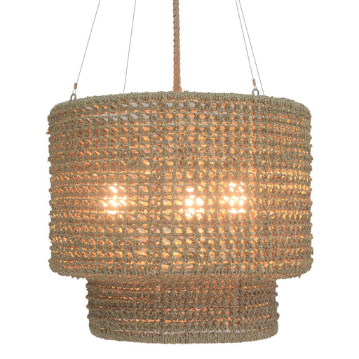 Close up of cream colored woven hanging pendant light.