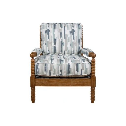Brown Savanna accent chair with gray and blue cushion.